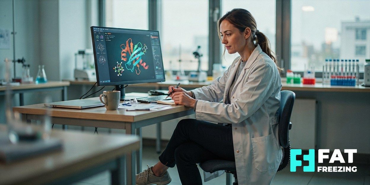 Photorealistic editorial photograph of a scientist studying protein structures on a computer screen in a modern research laboratory