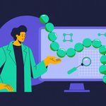 Flat vector illustration of a scientist and an AI screen designing a peptide chain, on a dark navy background