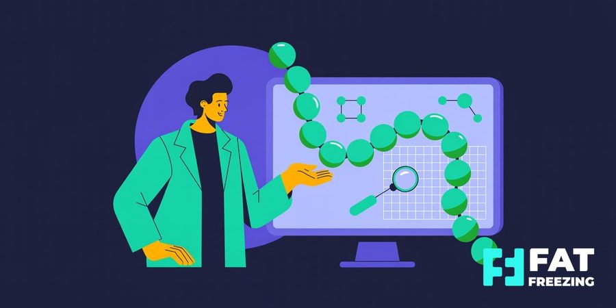 Flat vector illustration of a scientist and an AI screen designing a peptide chain, on a dark navy background