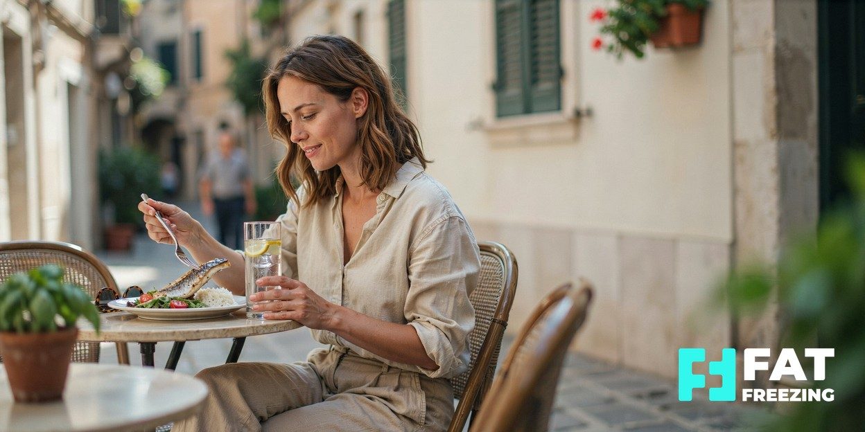 Woman eating a small meal and drinking water at an outdoor cafe table