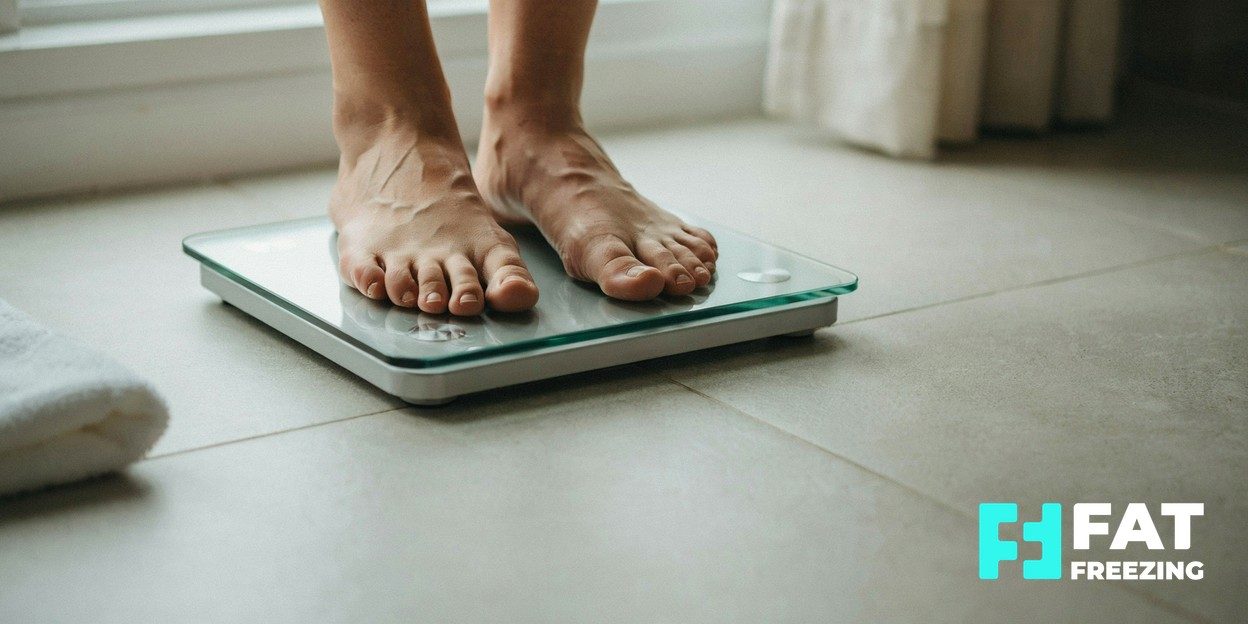 Photograph of a person's bare feet standing on a bathroom scale
