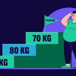 Flat illustration of a portly person climbing a weight-loss staircase to a plateau, on a dark navy background