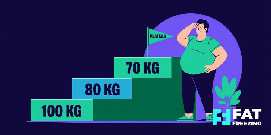Flat illustration of a portly person climbing a weight-loss staircase to a plateau, on a dark navy background