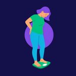Woman standing on bathroom scales looking down at the reading
