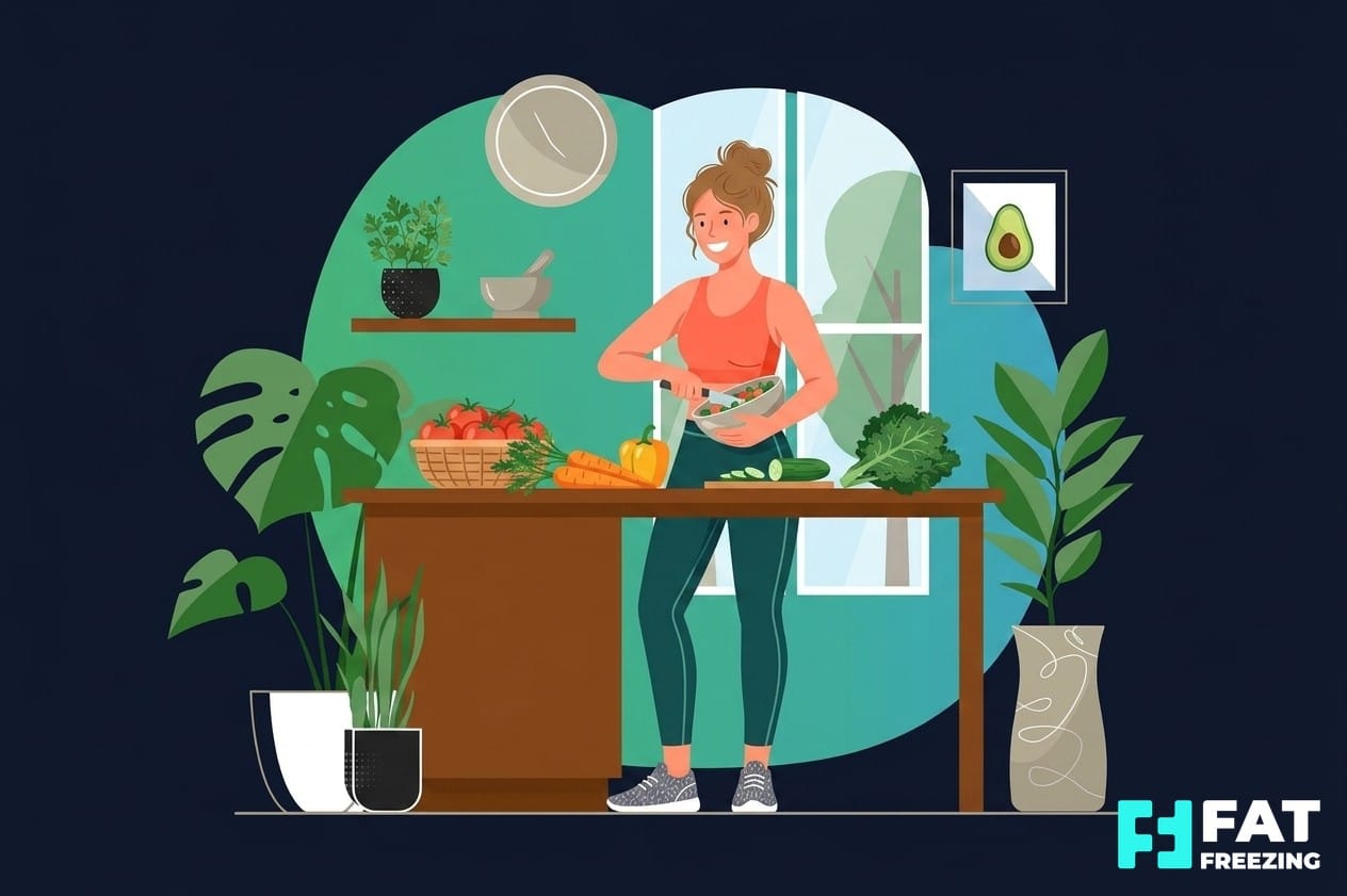 Woman preparing a healthy meal in a bright kitchen, representing balanced nutrition and lifestyle