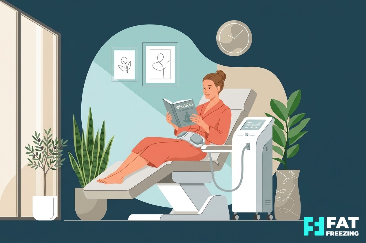 Woman relaxing comfortably during a non-invasive body contouring treatment in a modern clinic