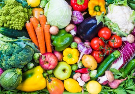 Large assortment fresh vegetables fruits