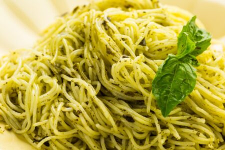 Plate spaghetti pesto leaf